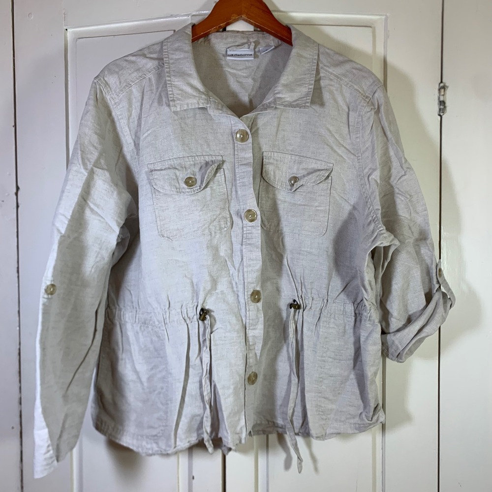 Linen Blend Utility Jacket XL Liz Claiborne Beige Drawstring Waist Neutral